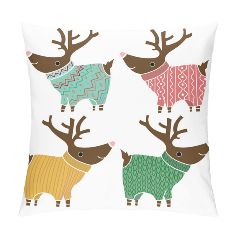 Personality  Set Of Four Cute Reindeers In Amusing Knitted Sweaters. Design Element For Christmas And New Year Cards And Banners Pillow Covers