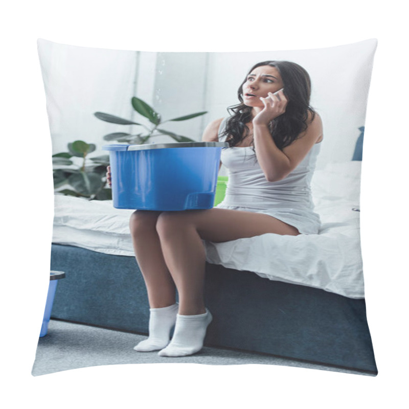 Personality  Shocked Woman In Socks Holding Smartphone And Big Bucket Pillow Covers