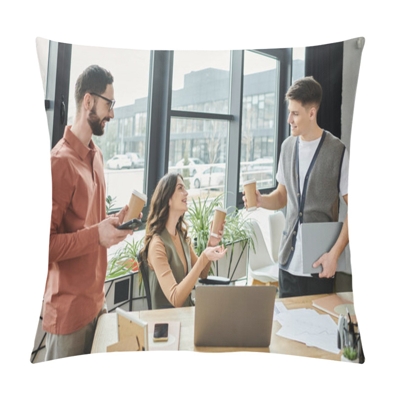 Personality  Three Colleagues Connect Over Coffee In Modern Office. Pillow Covers