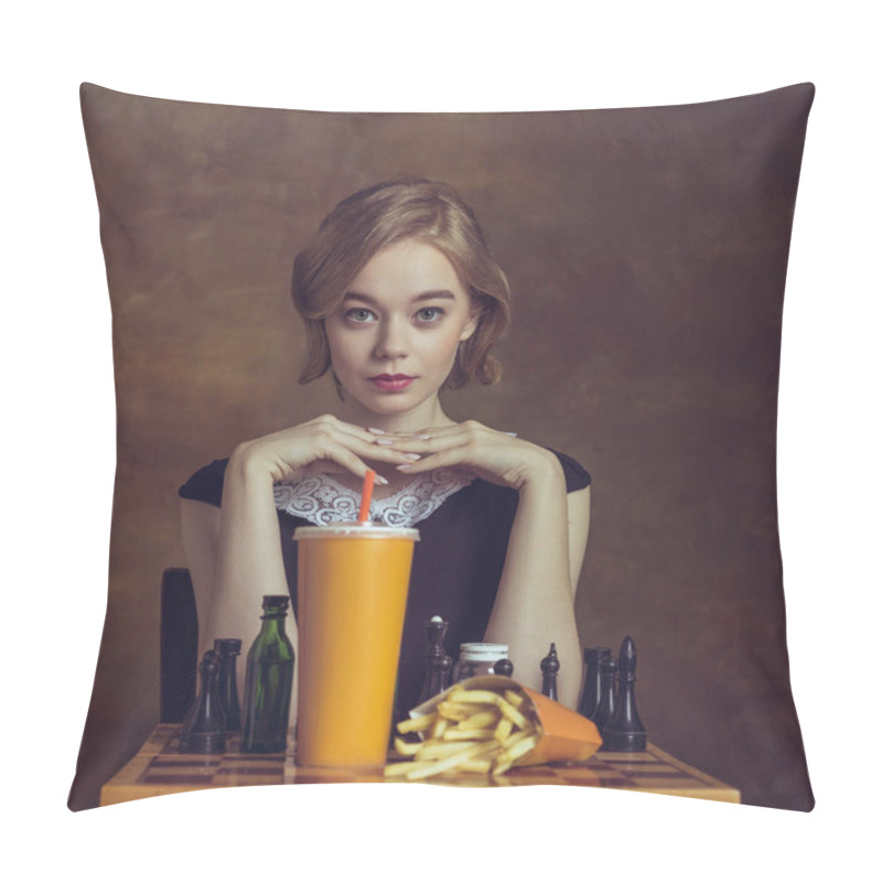 Personality  Young Woman In Art Action Isolated On Brown Background. Retro Style, Comparison Of Eras Concept. Pillow Covers