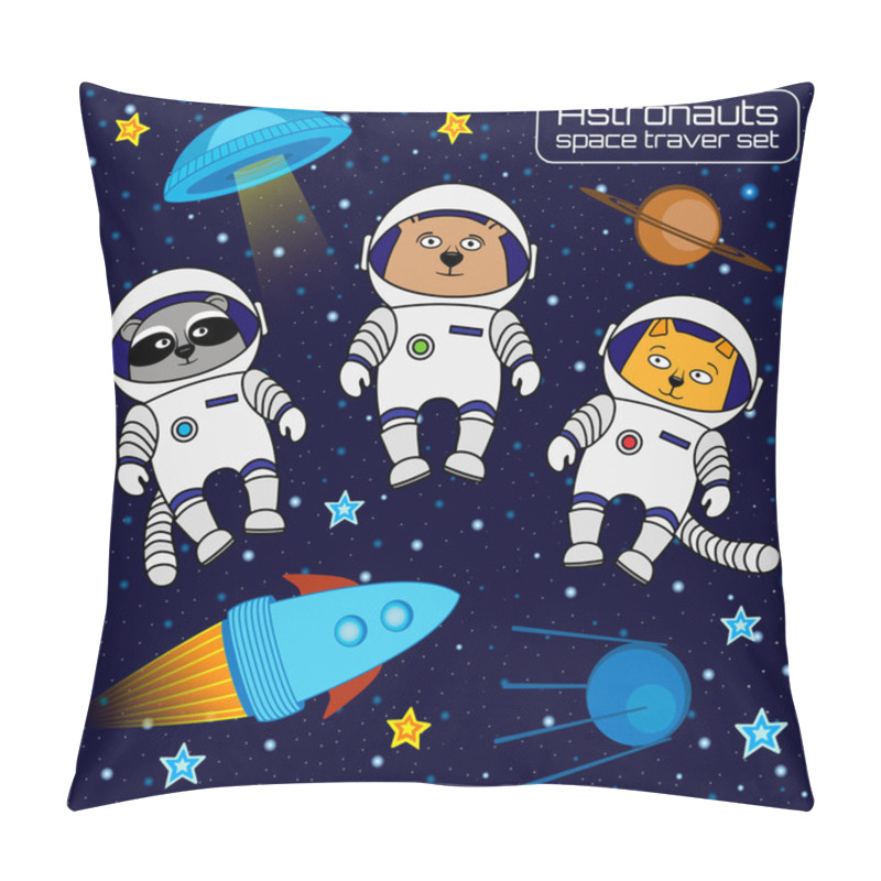 Personality  Set Of Cat, Bear And Raccoon Astronauts Cosmonauts Rocket, Ufo, Pillow Covers