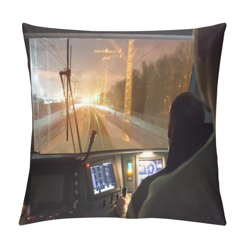 Personality  View From The Driver's Cab Of An Electric Train, A Night Voyage On A Railway. Pillow Covers