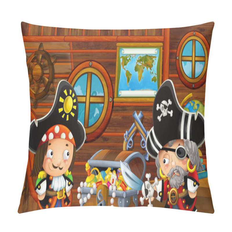 Personality  Cartoon Scene With Pirate Ship Cabin Interior With Loving Pirate Boy Sailing Through The Seas - Illustration For Children Pillow Covers