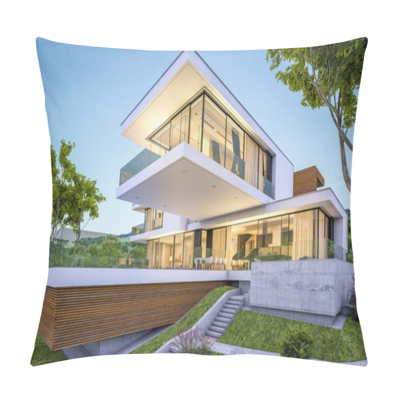 Personality  3d Rendering Of Modern Cozy House By The River With Garage For Sale Or Rent With Beautiful Mountains On Background. Clear Summer Evening With Blue Sky. Cozy Warm Light From Window. Pillow Covers