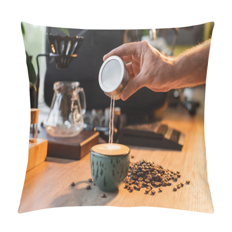 Personality  Cropped View Of Barista Pouring Sugar In Cup Of Cappuccino Near Coffee Beans In Light In Coffee Shop Pillow Covers