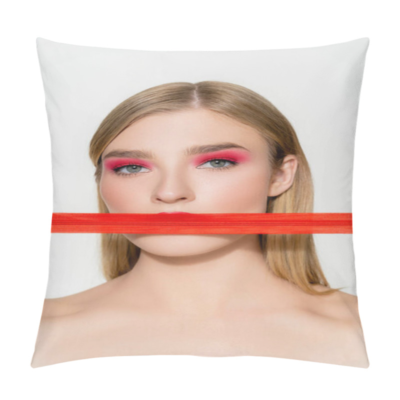 Personality  Woman With Naked Shoulders And Red Eye Shadow Holding Zipper Isolated On White  Pillow Covers