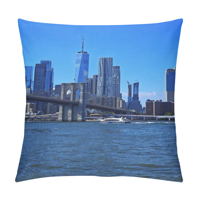 Personality  A Stunning View Of New York With The Iconic Brooklyn Bridge Crossing The East River, Flanked By The Towering Skyscrapers Of Manhattan, Including One World Trade Center. The Calm River Reflects The Cityscape. Pillow Covers