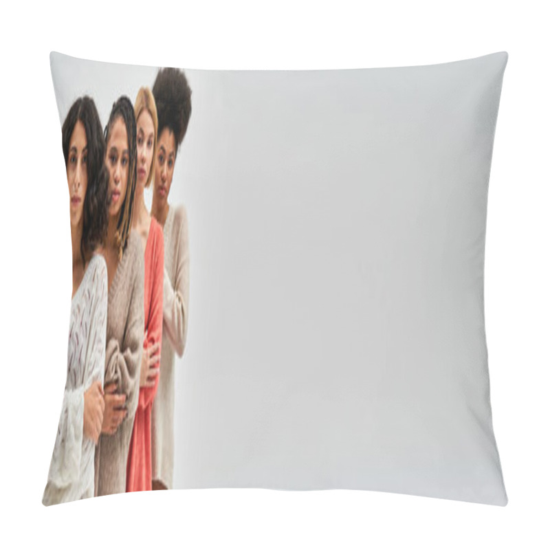 Personality  Confident Multiethnic Women In Knitted Jumpers Crossing Arms And Posing Isolated On Grey, Different Body Types And Self-acceptance, Multicultural Representation, Banner With Copy Space Pillow Covers