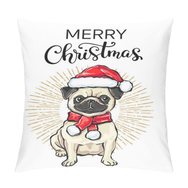 Personality  Vector Illustration Of A Hand Drawn Funny Pug In A Christmas Hat Pillow Covers