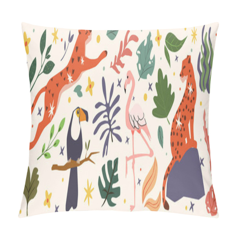 Personality  Jungle Animals Like Leopards, A Toucan, And A Flamingo Among Tropical Plants And Leaves. Stickers Related To Wildlife, Nature, And Exotic Themes. Set Of Vector Illustrations Pillow Covers