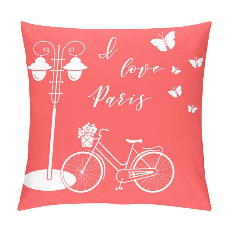 Personality  Bicycle With A Basket Of Flowers, Lantern, Butterflies. The Inscription I Love Paris. Travel And Leisure. Pillow Covers