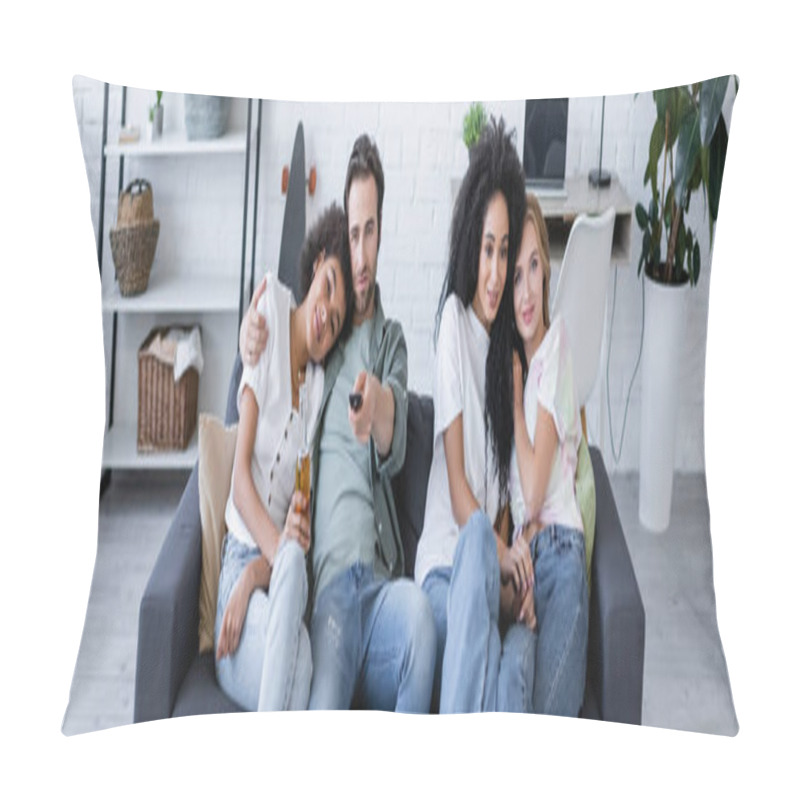 Personality  Cheerful Lesbian And Heterosexual Couples Watching Movie On Sofa, Banner Pillow Covers