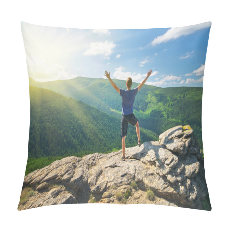 Personality  Man On Peak Of Mountain. Pillow Covers