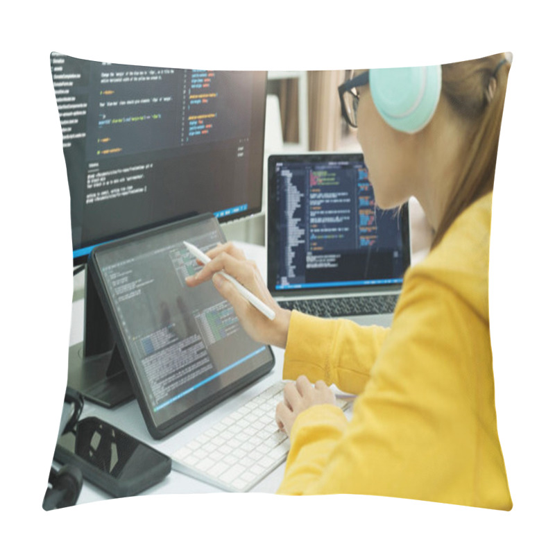 Personality  Close Up Programmer Is Coding And Programming Software. Business Woman Working On Computer In The Office. Pillow Covers