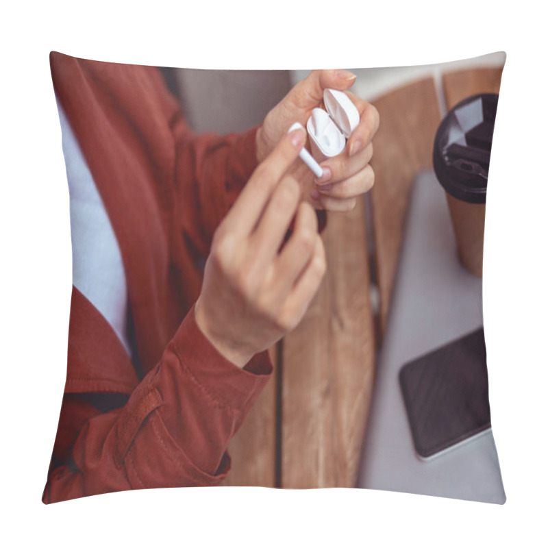 Personality  Young Lady Putting An Earphone Into A Case Pillow Covers