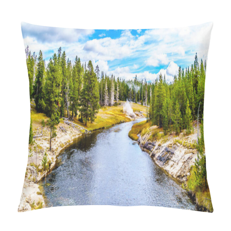 Personality  In The Distant Hot Water From The Riverside Geyser Flowing Into The Firehole River In The Upper Geyser Basin Along The Continental Divide Trail In Yellowstone National Park, Wyoming, United States Pillow Covers