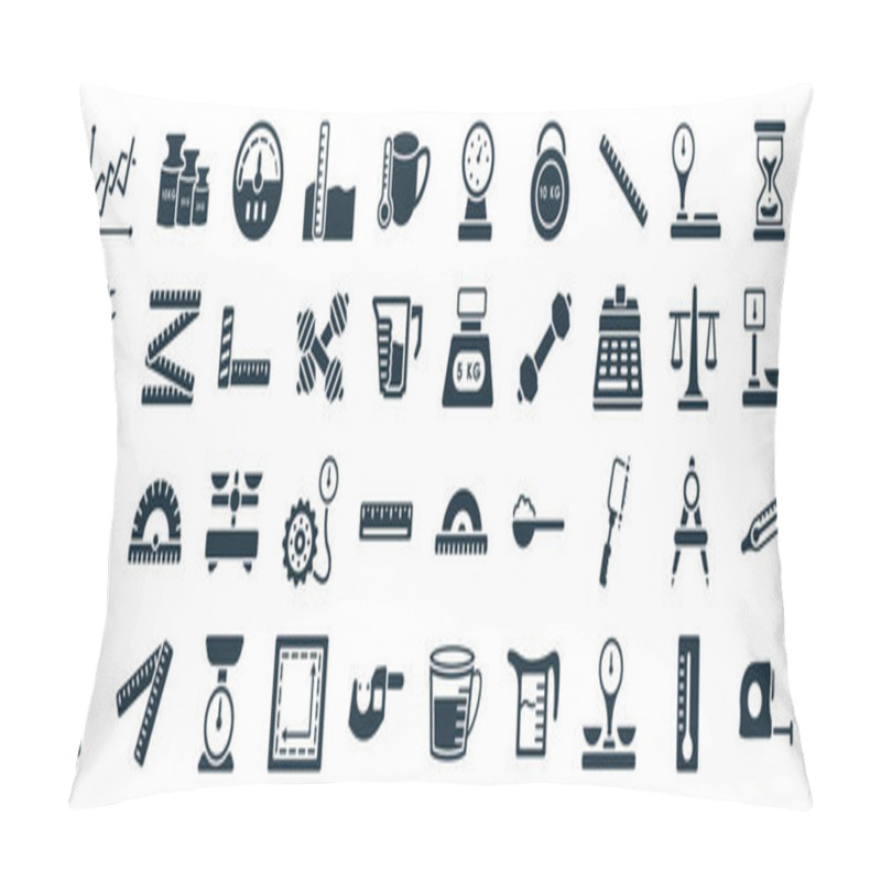 Personality  Set Of 40 Filled Measurement Web Icons In Glyph Style Such As Old Weights, Caliper, Vintage Scale, Shop Scale, Roman Scale, Sand Clock Almost Finish, Manometer Icons Isolated On White Background Pillow Covers