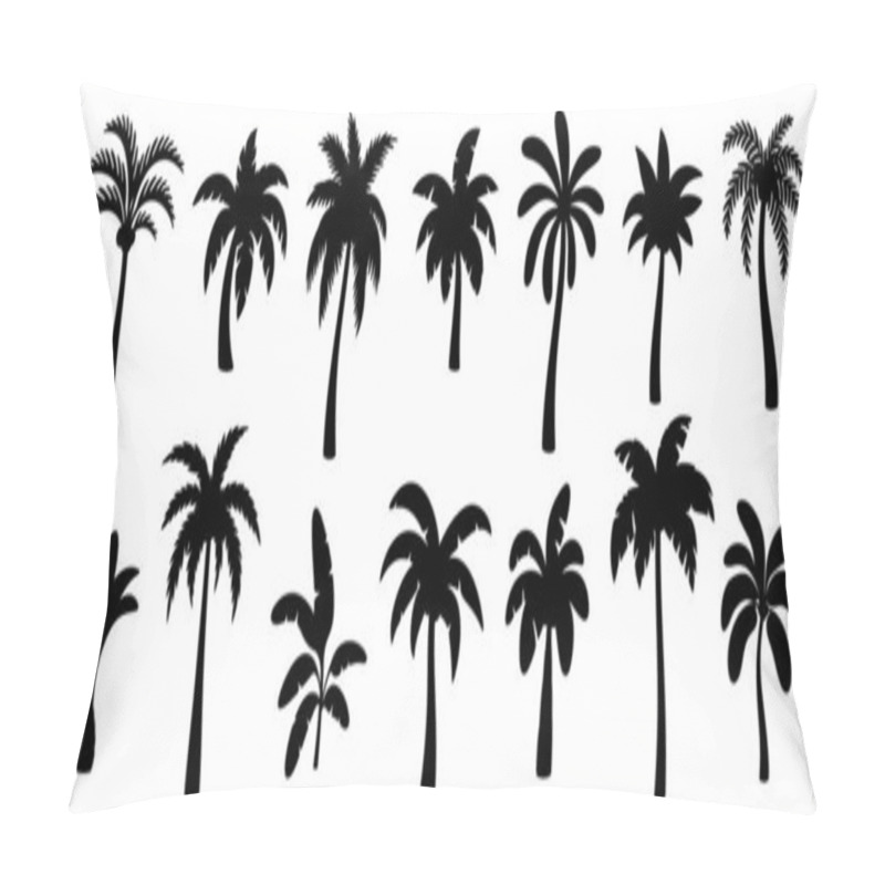 Personality  Black Palm Silhouettes. Tropical Trees Shadows. Variety Beach Palms With Leaves. Oasis, Paradise, Island, Resort, Vacation Monochrome Symbols Isolated On White Background. Vector Set. Hawaii Nature Pillow Covers