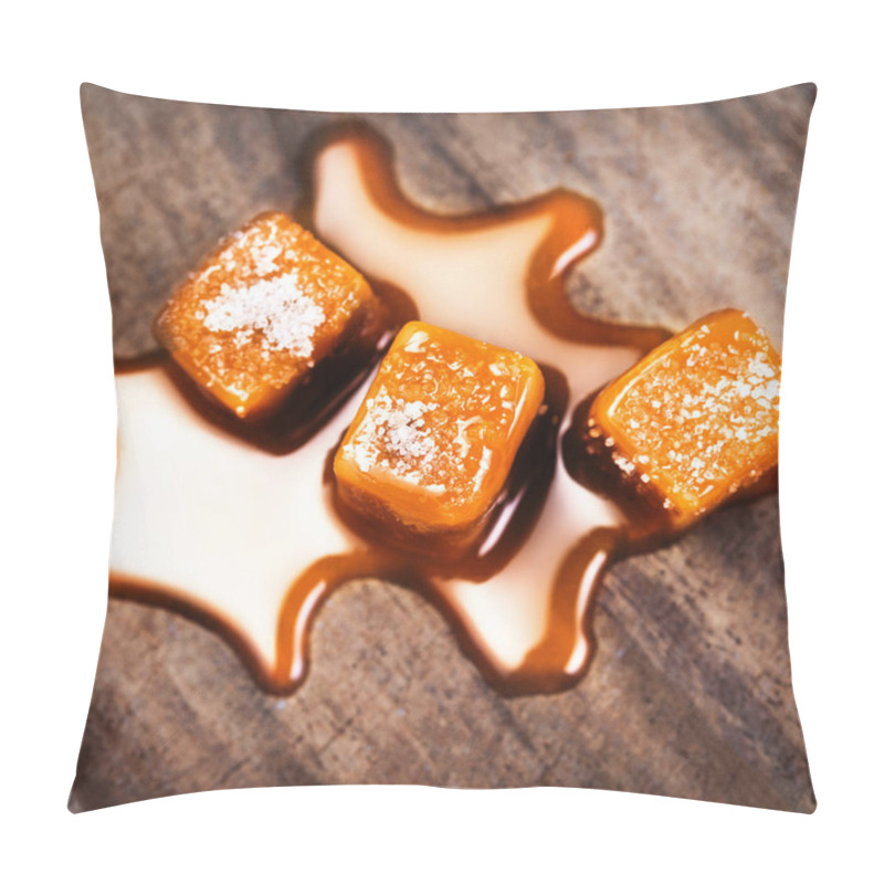 Personality  Homemade Salted Caramel Pieces  On Wooden  Background. Golden Butterscotch Toffee Candy Caramels With Copyspace Pillow Covers