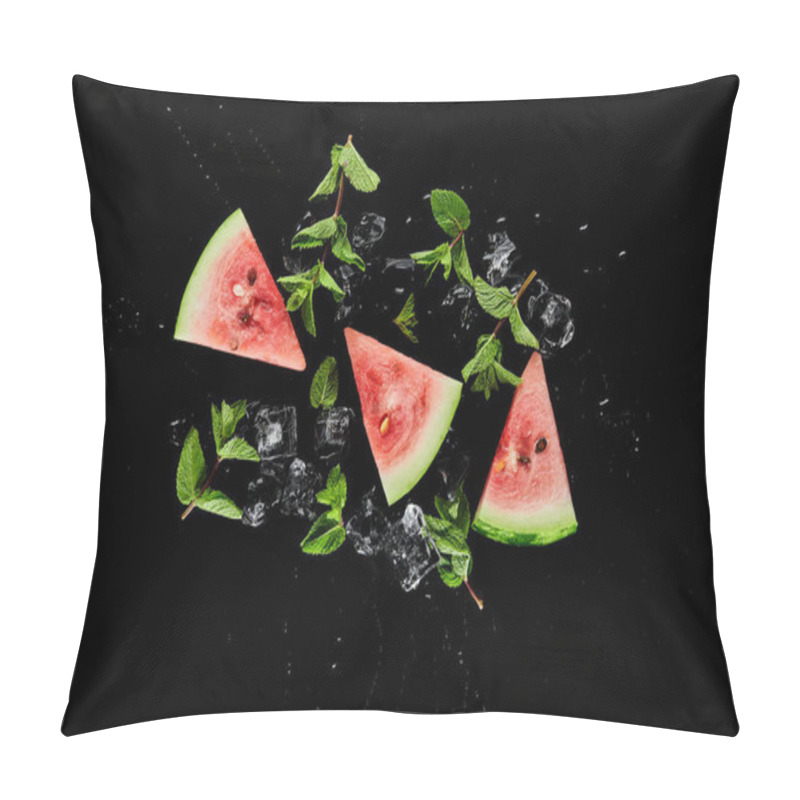 Personality  Top View Of Red Watermelon Slices With Mint And Ice Isolated On Black Pillow Covers