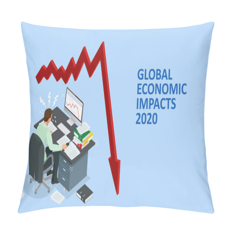 Personality  Isometric Global Economic Impacts 2020. Coronavirus Or COVID-19 Pandemic Global Impact. Closed Border, Collapsed World Market And Economic Crisis, Panic And Food Shortages, Distance Work And Studying. Pillow Covers