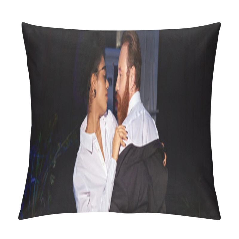 Personality  Young African American Businesswoman Embracing Bearded Man In Night, Seduction At Work, Banner Pillow Covers