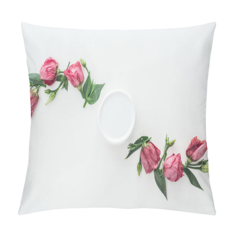 Personality  Top View Of Compositions With Pink Eustoma And Beauty Cream In Bottle On White Background Pillow Covers