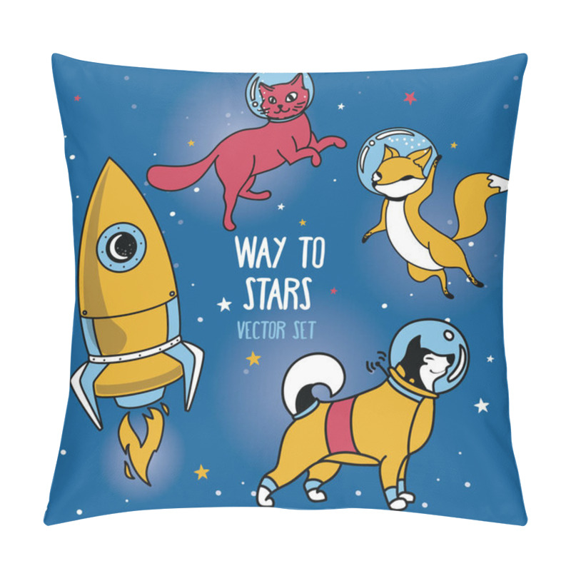 Personality  Cute Doodle Animal-astronauts And Retro Style Rocket Floating In Space Pillow Covers