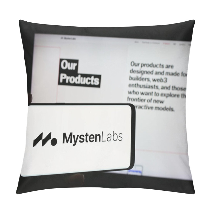 Personality  Stuttgart, Germany - 08-24-2024: Person Holding Smartphone With Logo Of Web3 Infrastructure Company Mysten Labs Inc. In Front Of Website. Focus On Phone Display. Pillow Covers