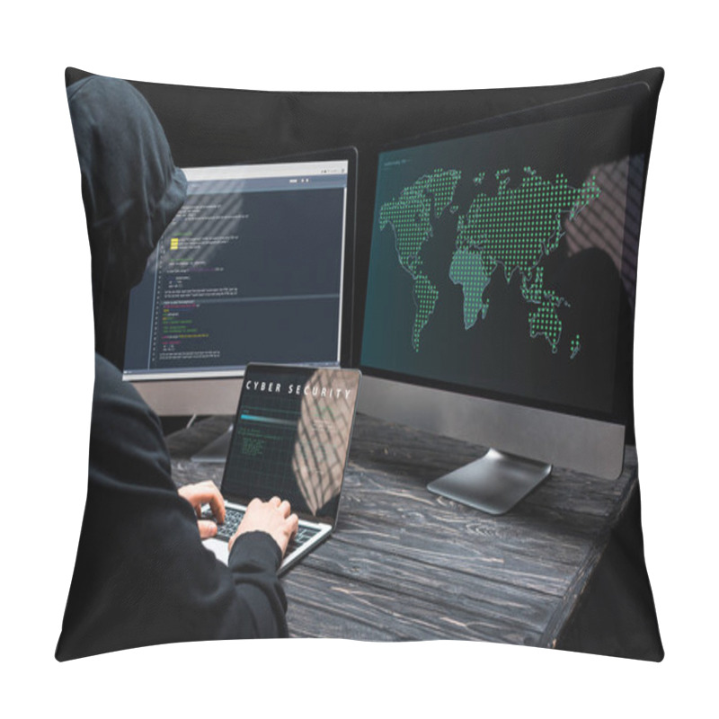 Personality  Hacker Using Laptop With Cyber Security Lettering On Screen Near Computer Monitors On Black  Pillow Covers