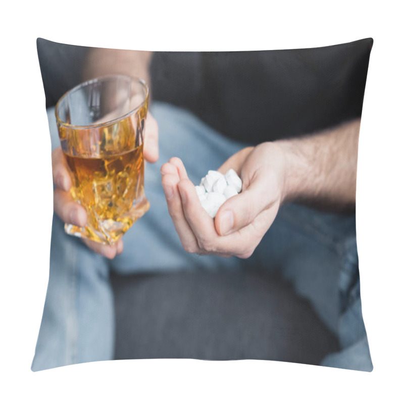 Personality  Cropped View Of Sitting Man With Handful Of Pills And Glass Of Whiskey Pillow Covers