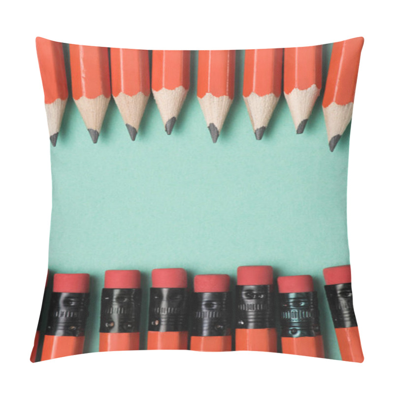 Personality  Top View Of Graphite Pencils And Erasers On Pencils Placed In Rows On Green Pillow Covers