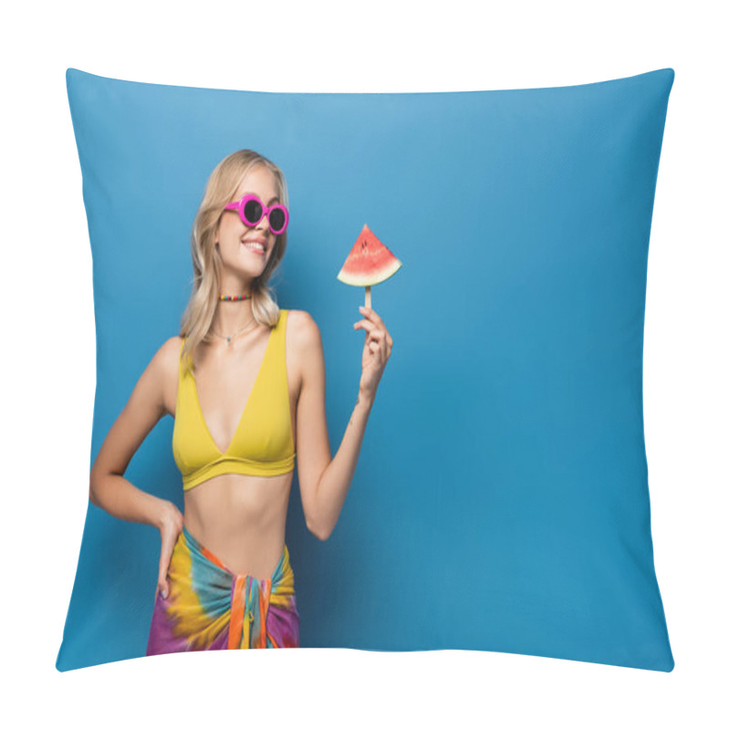 Personality  Happy Young Woman Standing With Hand On Hip And Holding Popsicle Stick With Watermelon On Blue Pillow Covers