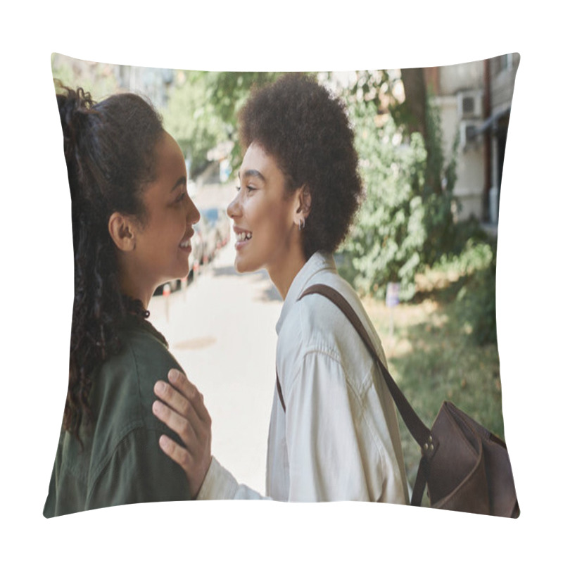 Personality  A Happy Lesbian Couple Shares Laughter While Exploring The Outdoors On A Sunny Day. Pillow Covers