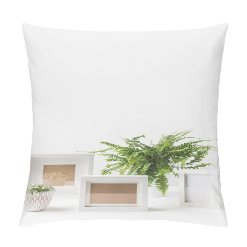 Personality  Beautiful Green Potted Plants And Empty Photo Frames On White Pillow Covers