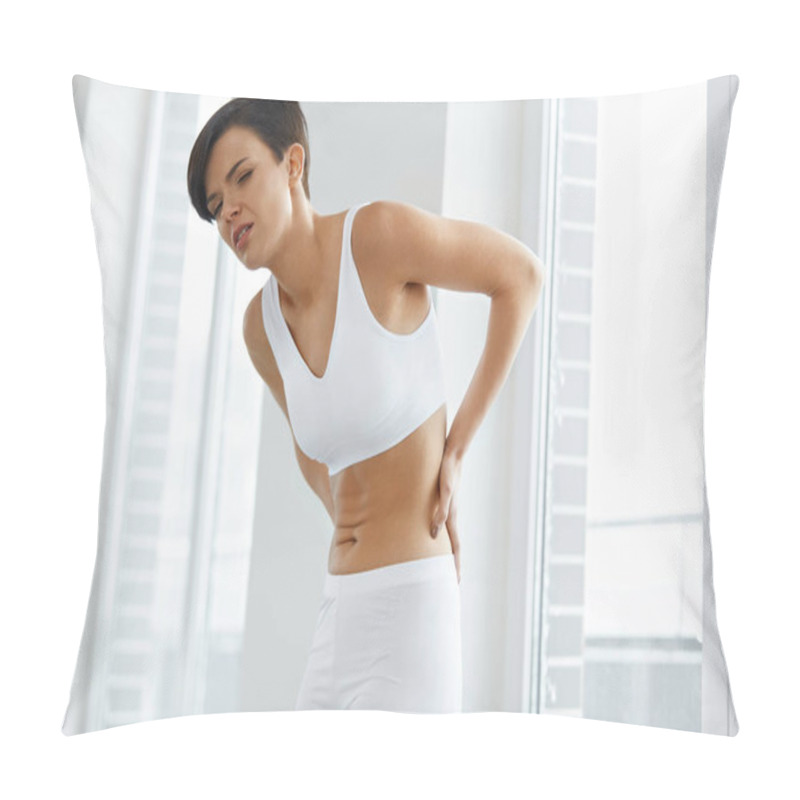 Personality  Beautiful Woman Feeling Pain In Back, Backache. Health Issue Pillow Covers