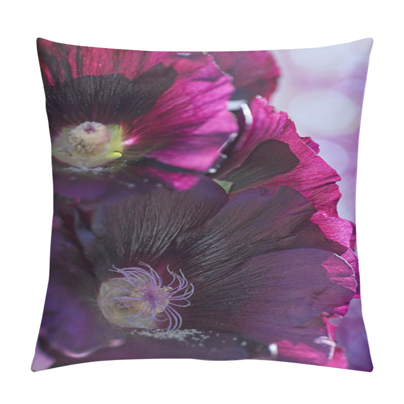 Personality  Vertical Macro Image Of Black Hollyhocks Against An Out Of Focus Purple Background. Pillow Covers