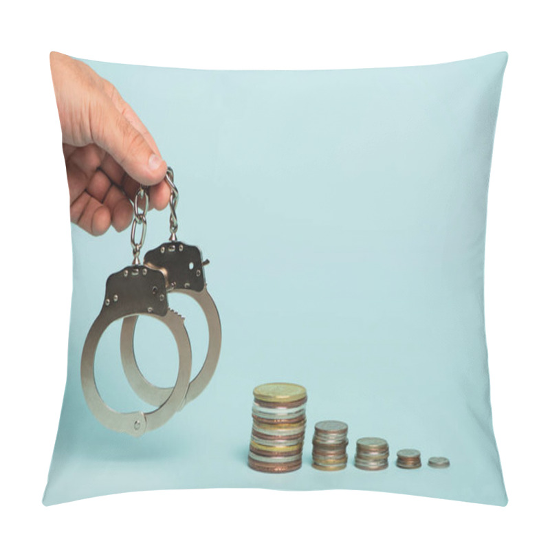 Personality  Partial View Of Man Holding Handcuffs Near Stacks Of Silver And Golden Coins On Blue, Anti-corruption Concept Pillow Covers