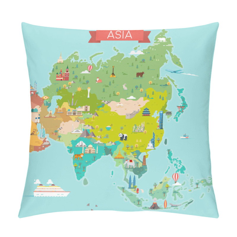 Personality  Asia Map. Tourist And Travel Landmarks, Vector Illustration. Pillow Covers