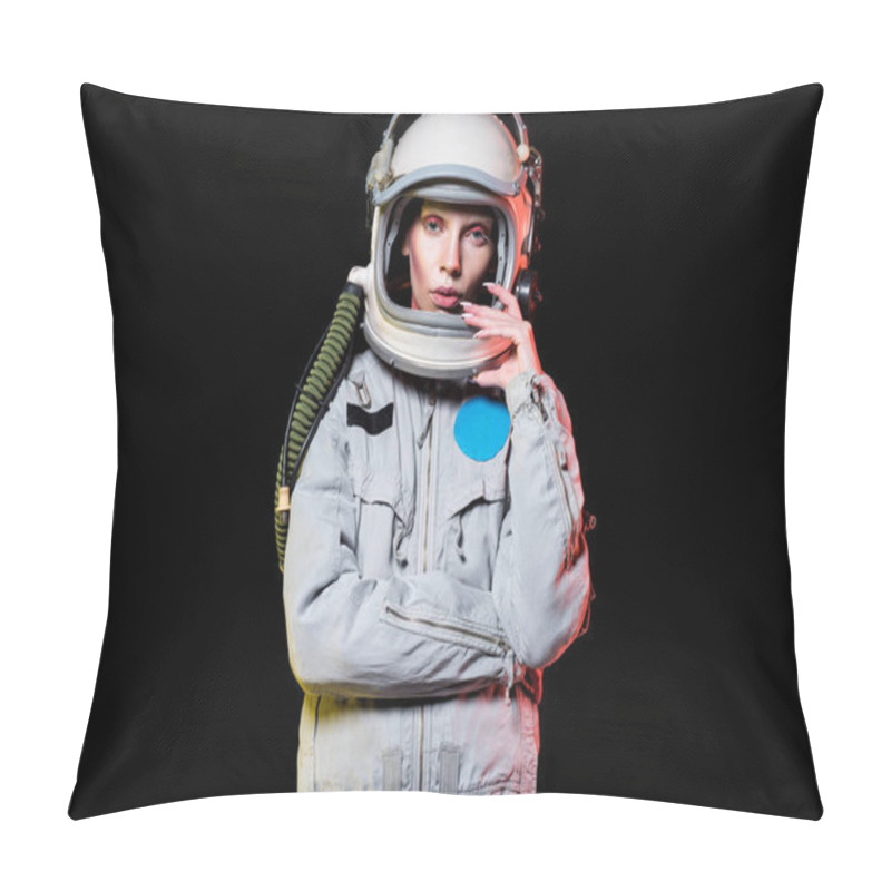 Personality  Attractive Female Astronaut In Spacesuit And Helmet Isolated On Black Pillow Covers