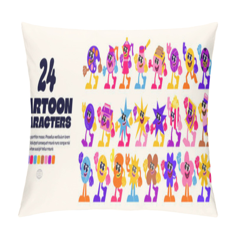 Personality  Set Retro Cartoon Stickers With Funny Comic Characters, Gloved Hands.Geometric Illustration With Cute Comics Characters.. Set In Modern Cartoon Style Pillow Covers