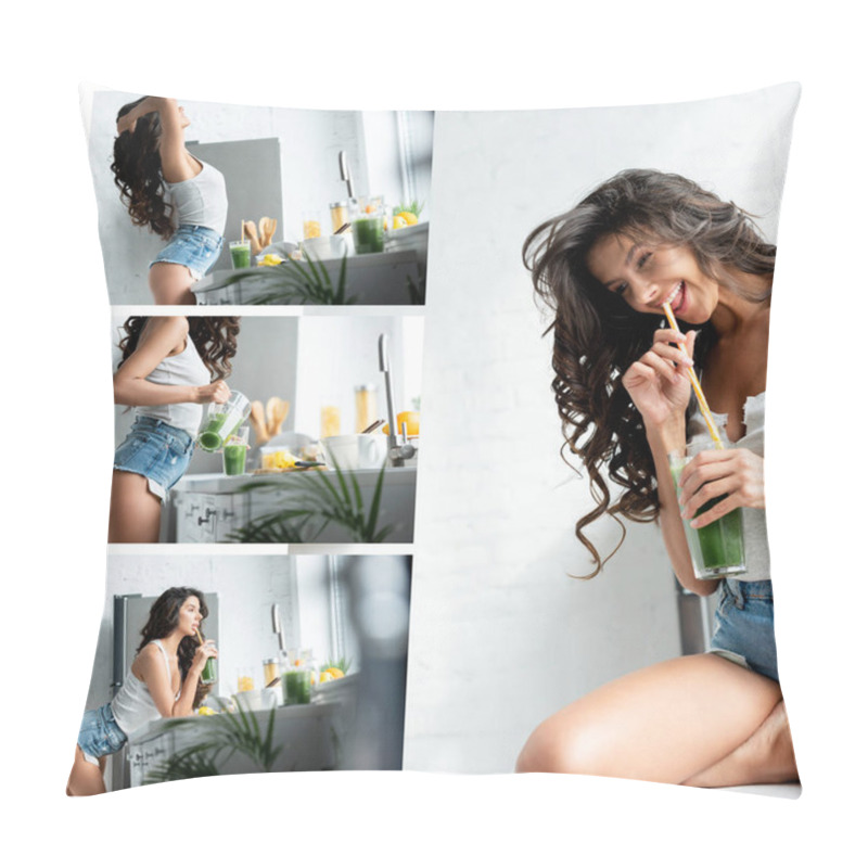 Personality  Collage Of Woman Pouring And Drinking Smoothie Near Table In Kitchen Pillow Covers