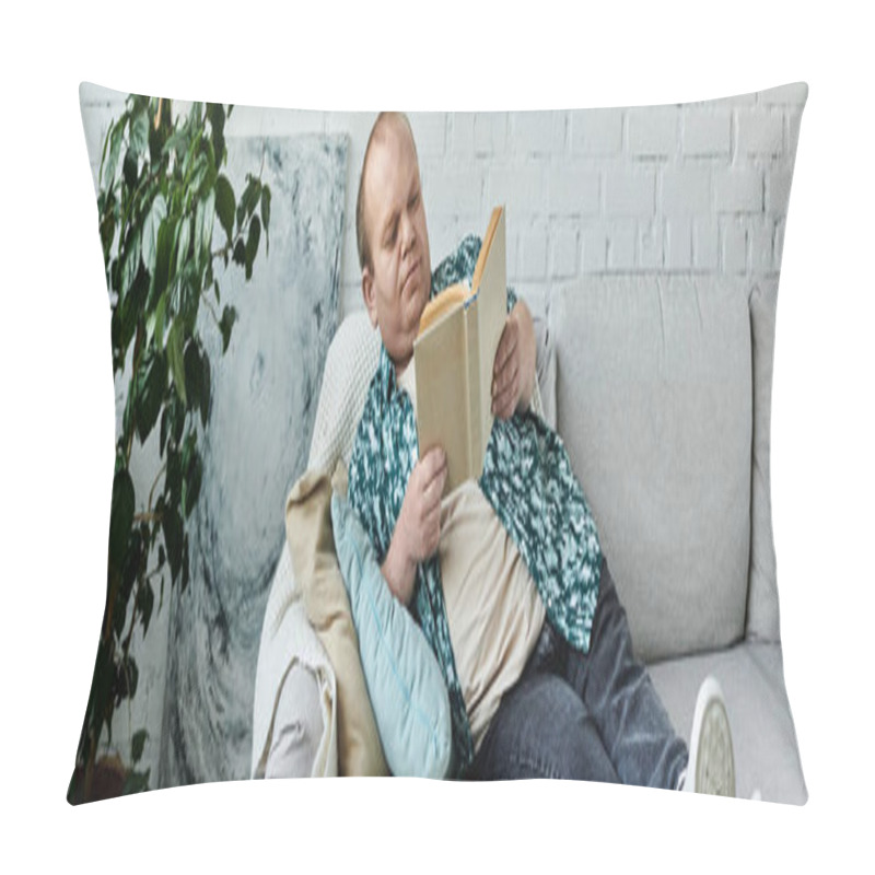 Personality  A Man With Inclusivity Is Lounging On A Couch With A Book, Enjoying A Moment Of Peace And Leisure. Pillow Covers