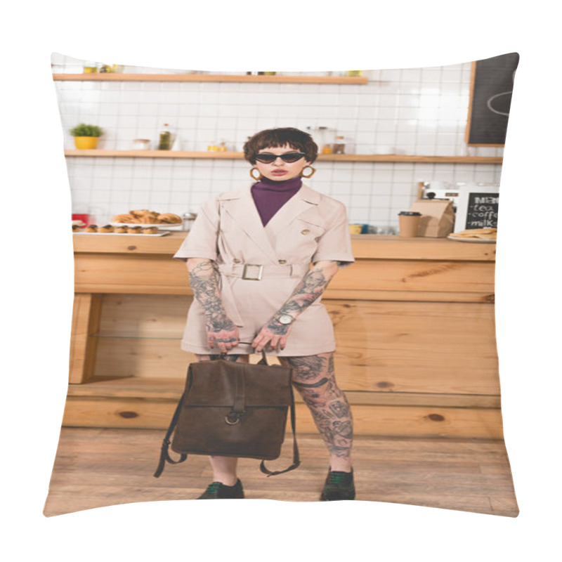 Personality  Attractive, Trendy Businesswoman In Sunglasses Standing At Bar Counter In Cafeteria Pillow Covers