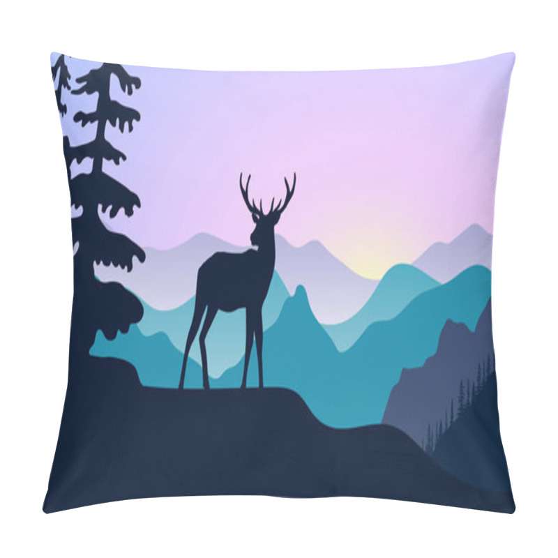 Personality  Mountains, Alpine Wild Fallow Deer And Forest At Sunrise. Landscape With Silhouettes. Vector Illustration Pillow Covers