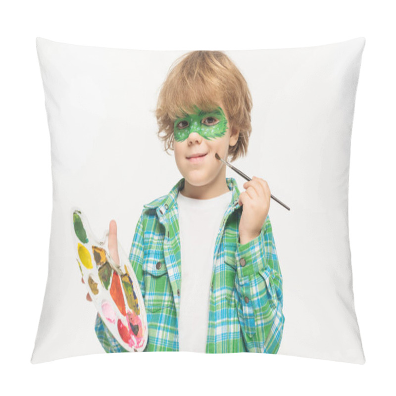 Personality  Cheerful Boy With Gecko Mask Painted On Face Touching Cheek With Paintbrush Isolated On White Pillow Covers