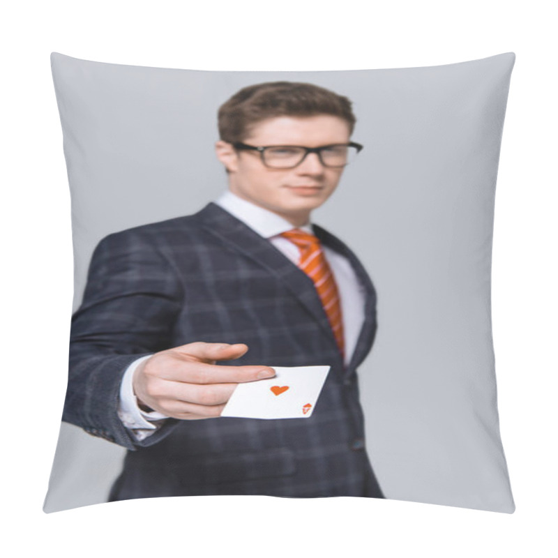 Personality  Selective Focus Of Stylish Businessman Holding Ace Isolated On Grey  Pillow Covers