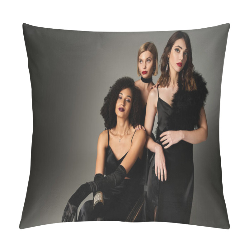 Personality  Three Beautiful Young Women In Black Dresses Posing Gracefully For A Stylish Portrait On A Grey Backdrop. Pillow Covers