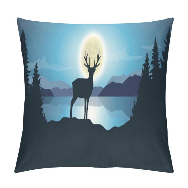 Personality  Reindeer By The Lake Moon Shine By Night Blue Wildlife Nature Landscape Pillow Covers