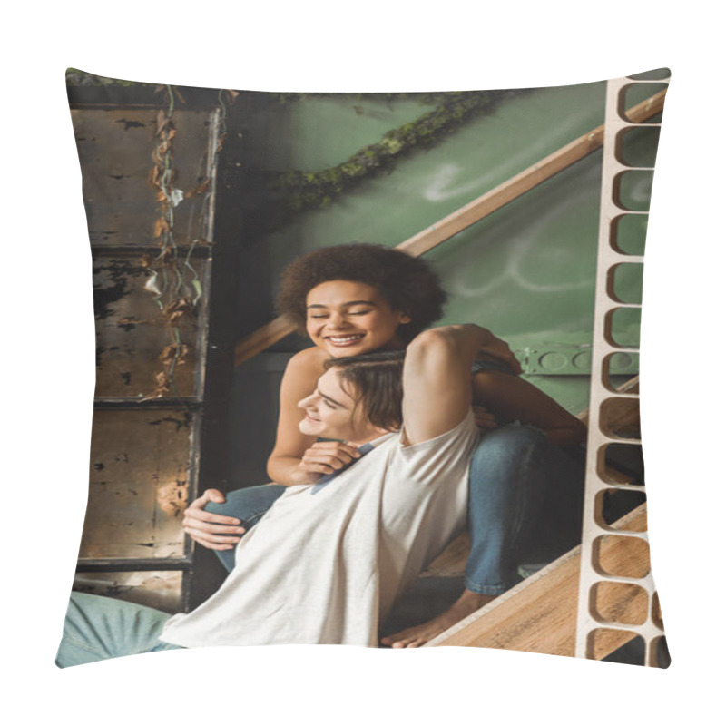 Personality  Cheerful African American Woman With Closed Eyes Embracing With Happy Man While Sitting On Stairs In Art Workshop Pillow Covers